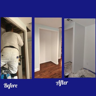 Interior Painting - each picture shows a different project two of then we being performed drywall installation, compound and paint 3 bedroom of the house. The client had water damage and we complete the job for then. the other picture shows one of a 5 bedrooms house with a dinning room, living room and waiting room hallways where we being. Removing wall paper, oil base primer, skim coat, and after sanding latex primer and painting on the hole property Interior Painting - each picture shows a different project two of then we being performed drywall installation, compound and paint 3 bedroom of the house. The client had water damage and we complete the job for then. the other picture shows one of a 5 bedrooms house with a dinning room, living room and waiting room hallways where we being. Removing wall paper, oil base primer, skim coat, and after sanding latex primer and painting on the hole property