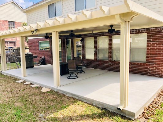 Insulated Aluminum Patio Cover with Pergola Wrap - Insulated laminated roof panels are made with an expanded polystyrene foam core.  This material allows your patio to remain cool from the sun’s heat by preventing zero heat transfer to the underside of the unit.  These insulated panels are crafted to never rust, warp, crack, deteriorate or become infested with insects.  A selection of color options & trim packages [STANDARD, PERGOLA WRAP & PERGOLA WRAP WITH LATTICE TUBES] are available for you to enhance your outdoor living space. This product comes with a transferable limited lifetime warranty.