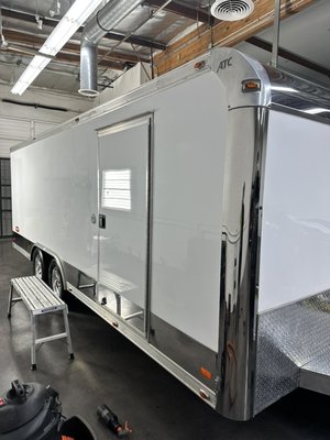ATC race trailer detail - Race Trailer complete paint correction and  aluminum trim restoration. This 20 ft. Trailer took 2 days and lots of climbing ladders. We finished it off with a silica sealer to protect from all the elements. Hit us up for your boat and trailer needs.