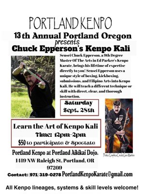 Chuck Eppersn's Kenpo Kali - Saturday drop in class. $20 10:30-11:30. Private lessons and Seminars. Plus Online !! https://kenpo-kali.teachable.com/ Chuck Epperson, a 9th Degree Master Of The Arts in Ed Parker's Kenpo Karate, brings his lifetime of expertise directly into your home! Sensei Epperson uses a unique style of boxing, kickboxing, submissions, and Filipino Arts into Kenpo. Each of our 30 training videos teaches a different technique or skill with direct, clear, and thorough instruction. Chuck Eppersn's Kenpo Kali - Saturday drop in class. $20 10:30-11:30. Private lessons and Seminars. Plus Online !! https://kenpo-kali.teachable.com/ Chuck Epperson, a 9th Degree Master Of The Arts in Ed Parker's Kenpo Karate, brings his lifetime of expertise directly into your home! Sensei Epperson uses a unique style of boxing, kickboxing, submissions, and Filipino Arts into Kenpo. Each of our 30 training videos teaches a different technique or skill with direct, clear, and thorough instruction.