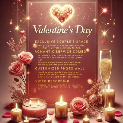💖 A Timeless Moment of Love - Forest House SPA Valentine's Day Special 💖 - Celebrate love in the most intimate and luxurious way! This Valentine's Day, Forest House SPA is transforming our group room into an exclusive, private sanctuary for couples. Immerse yourself in a 3-hour romantic spa experience designed to relax, reconnect, and create unforgettable memories with your special someone.
🌹 Event Details
📅 Date: February 13th - February 16th
📍 Location: Forest House SPA
⏳ Duration: 3 Hours
💰 Price: $600 per couple
💆♀️💖 The Ultimate Romantic Experience
✨ 2 Hours of Luxurious Spa Treatment
Relaxing Full-Body Massage – Release stress and unwind together.
Signature TCM Head Spa – Rejuvenate your scalp and mind.
Mini Facial – Refresh and glow for the perfect Valentine's Day.
✨ 1 Hour of Sweet Indulgence
Enjoy a delightful selection of sweet treats 🍰
Sip on a glass of fine red wine 🍷
Cherish an intimate moment in a beautifully decorated setting.
🎥 Capture the Moment – We’ll film a short, professionally edited video of your experience so you can relive the magic anytime.
📸 Customized Photo Wall – Send us your favorite couple’s photos in advance, and we’ll create a beautiful personalized display just for you!
💌 Limited Availability – Reserve Your Romantic Escape Now!
💲 Price: $600 per couple
Spots are filling up quickly for this exclusive experience! Don’t miss the chance to celebrate love in the most relaxing and meaningful way. 💖 A Timeless Moment of Love - Forest House SPA Valentine's Day Special 💖 - Celebrate love in the most intimate and luxurious way! This Valentine's Day, Forest House SPA is transforming our group room into an exclusive, private sanctuary for couples. Immerse yourself in a 3-hour romantic spa experience designed to relax, reconnect, and create unforgettable memories with your special someone.
🌹 Event Details
📅 Date: February 13th - February 16th
📍 Location: Forest House SPA
⏳ Duration: 3 Hours
💰 Price: $600 per couple
💆♀️💖 The Ultimate Romantic Experience
✨ 2 Hours of Luxurious Spa Treatment
Relaxing Full-Body Massage – Release stress and unwind together.
Signature TCM Head Spa – Rejuvenate your scalp and mind.
Mini Facial – Refresh and glow for the perfect Valentine's Day.
✨ 1 Hour of Sweet Indulgence
Enjoy a delightful selection of sweet treats 🍰
Sip on a glass of fine red wine 🍷
Cherish an intimate moment in a beautifully decorated setting.
🎥 Capture the Moment – We’ll film a short, professionally edited video of your experience so you can relive the magic anytime.
📸 Customized Photo Wall – Send us your favorite couple’s photos in advance, and we’ll create a beautiful personalized display just for you!
💌 Limited Availability – Reserve Your Romantic Escape Now!
💲 Price: $600 per couple
Spots are filling up quickly for this exclusive experience! Don’t miss the chance to celebrate love in the most relaxing and meaningful way.