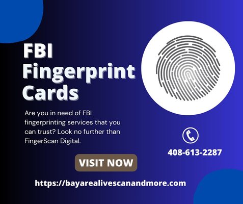 FBI Fingerprint Cards in San Jose - We offered FBI ink fingerprint cards for out of state employments, immigration and much more. Our service include both fingerprint card for the price of one. Appointment online is available or walk in welcome. https://bayarealivescanandmore.com FBI Fingerprint Cards in San Jose - We offered FBI ink fingerprint cards for out of state employments, immigration and much more. Our service include both fingerprint card for the price of one. Appointment online is available or walk in welcome. https://bayarealivescanandmore.com