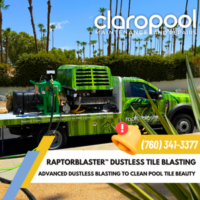 Raptor Blaster™ Pool Tile & Surface Restoration - Calcium buildup, grime, and graffiti don’t stand a chance.

Our Raptor Blaster™ system safely restores pool tile and hard surfaces using precision blasting technology designed to remove scale and buildup without damaging underlying materials.

✔ Proper water-level adjustment
✔ Professional tile blasting
✔ Full debris removal & vacuum
✔ Deck wash-down
✔ Clean job site finish
✔ Pool refilled or filling before departure

Beyond pools, we also restore:
• Concrete, brick & stone
• Graffiti & stain removal
• Stucco & surface prep
• Wood decks & fencing
• Industrial equipment
• Parking lots & sidewalks
• Fire-damaged surfaces

We handle the heavy work — you enjoy the results.

📞 Raptor Blaster: (760) 776-3500
📞 Claropool: (760) 341-3377
🌐 claropool.com/services