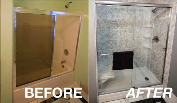 Bath to Shower Remodel - We gave this homeowners bathroom new life by getting rid of everything and replacing it with antimicrobial material, custom seating, and handlebars. The best part is, our bath transformations only take two days!