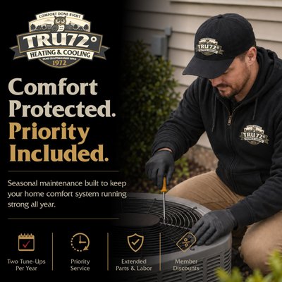 Tru Comfort Maintenance Plans - Your heating and cooling system works hard through every season in North Carolina. The Tru Comfort is T. Byrd's, now Tru72 Heating & Cooling's, complete maintenance membership designed to keep your system running safely, efficiently, and reliably while helping you avoid unexpected breakdowns and costly repairs.
As a Tru Comfort member, you'll receive two precision maintenance visits each year—one focused on cooling season and one focused on heating season. During each visit, our technicians perform a comprehensive inspection, testing, cleaning, and performance evaluation designed to identify potential problems before they become emergencies.
Most HVAC failures don't happen overnight. Small issues often develop slowly over time before eventually causing a breakdown on the hottest or coldest day of the year. Regular maintenance helps identify worn components, airflow problems, drainage issues, electrical concerns, and efficiency losses before they leave you without comfort.
At T. Byrd's, now Tru72 Heating & Cooling, we don't believe maintenance should be a quick visual inspection. We follow our philosophy: We don't guess, we test. Every maintenance visit includes real testing and evaluation to help ensure your system is operating as designed.
The Tru Comfort is ideal for homeowners who want fewer surprises, lower operating costs, improved comfort, and the peace of mind that comes from knowing their system is being professionally maintained year after year.
Available to active and retired first responders, our Mission Ready plan provides many of the same valuable maintenance benefits as our Tru Comfort membership at no cost. Whether you serve as a firefighter, law enforcement officer, EMT, paramedic, military service member, or teacher, we believe your commitment deserves recognition.
This program is provided free for life to qualifying first responders as a small way to thank those who spend their careers helping others during emergencies and difficult moments.
At T. Byrd's, now Tru72 Heating & Cooling, we're proud to support the people who support our communities.
Comfort Done Right.
Clean. Quality. Comfort. Tru Comfort Maintenance Plans - Your heating and cooling system works hard through every season in North Carolina. The Tru Comfort is T. Byrd's, now Tru72 Heating & Cooling's, complete maintenance membership designed to keep your system running safely, efficiently, and reliably while helping you avoid unexpected breakdowns and costly repairs.
As a Tru Comfort member, you'll receive two precision maintenance visits each year—one focused on cooling season and one focused on heating season. During each visit, our technicians perform a comprehensive inspection, testing, cleaning, and performance evaluation designed to identify potential problems before they become emergencies.
Most HVAC failures don't happen overnight. Small issues often develop slowly over time before eventually causing a breakdown on the hottest or coldest day of the year. Regular maintenance helps identify worn components, airflow problems, drainage issues, electrical concerns, and efficiency losses before they leave you without comfort.
At T. Byrd's, now Tru72 Heating & Cooling, we don't believe maintenance should be a quick visual inspection. We follow our philosophy: We don't guess, we test. Every maintenance visit includes real testing and evaluation to help ensure your system is operating as designed.
The Tru Comfort is ideal for homeowners who want fewer surprises, lower operating costs, improved comfort, and the peace of mind that comes from knowing their system is being professionally maintained year after year.
Available to active and retired first responders, our Mission Ready plan provides many of the same valuable maintenance benefits as our Tru Comfort membership at no cost. Whether you serve as a firefighter, law enforcement officer, EMT, paramedic, military service member, or teacher, we believe your commitment deserves recognition.
This program is provided free for life to qualifying first responders as a small way to thank those who spend their careers helping others during emergencies and difficult moments.
At T. Byrd's, now Tru72 Heating & Cooling, we're proud to support the people who support our communities.
Comfort Done Right.
Clean. Quality. Comfort.