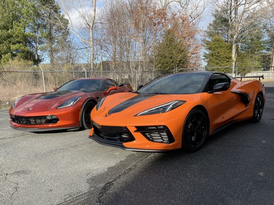 2 Corvettes in one week | PPF, window tint, & Ceramic Coatings - 2015 Corvette C7 Z06 in Daytona Sunrise Orange Metallic with a ceramic coating and a wheel coating and a 2022 Corvette C8 in Amplify Orange with our track pack paint protection film, i3 ceramic and air ceramic window tint and extra coverage on lower doors, rear splash, and door edges!