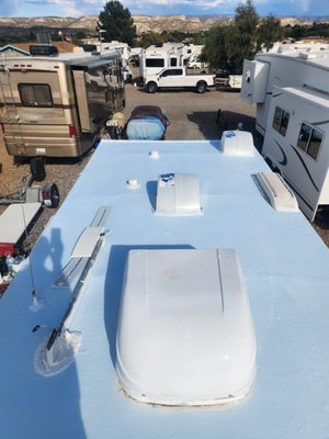 RV Roof re-coating - Our client Meina's RV roof was leaking in multiple places and had a previous botched repair job, luckily we were able to reseal her roof before winter came. RV Roof re-coating - Our client Meina's RV roof was leaking in multiple places and had a previous botched repair job, luckily we were able to reseal her roof before winter came.