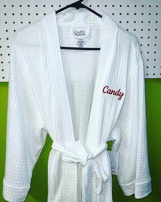 Custom robe embroidery - Our client wanted a custom name embroidery on the left chest of each robe so she could gift it to her best friend. We were ale to get the design digitized and do the embroidery on the same day. The client chose her own font and thread color, she was very satisfied with her personalized robes. Custom robe embroidery - Our client wanted a custom name embroidery on the left chest of each robe so she could gift it to her best friend. We were ale to get the design digitized and do the embroidery on the same day. The client chose her own font and thread color, she was very satisfied with her personalized robes.