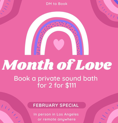 February! - Happy Month of Love! I’m celebrating all things with a special offer. Book a private sound bath for 2 in February for $111.
This offer is for anyone who wants to open their heart and share their love. So bring your date, your roomie, your bestie, your pup. February is a chance to celebrate love in all forms.
This offer is good for the whole month, and the sound bath can be remote or in person at my healing den in Los Angeles. This experience can be given as a special gift or serve as a unique alternative to the usual Valentine’s Day flowers/candy/dinner.
What to expect? I’ll create a 90-minute custom sound bath experience for you and your plus one, taking you on a journey through the cosmos , and supporting you to create deeper connection to yourself and each other. For those who can attend in person, expect to receive special heart-opening goodies.
DM me with questions and to book your Month of Love private sound bath, or visit the link to my website. February! - Happy Month of Love! I’m celebrating all things with a special offer. Book a private sound bath for 2 in February for $111.
This offer is for anyone who wants to open their heart and share their love. So bring your date, your roomie, your bestie, your pup. February is a chance to celebrate love in all forms.
This offer is good for the whole month, and the sound bath can be remote or in person at my healing den in Los Angeles. This experience can be given as a special gift or serve as a unique alternative to the usual Valentine’s Day flowers/candy/dinner.
What to expect? I’ll create a 90-minute custom sound bath experience for you and your plus one, taking you on a journey through the cosmos , and supporting you to create deeper connection to yourself and each other. For those who can attend in person, expect to receive special heart-opening goodies.
DM me with questions and to book your Month of Love private sound bath, or visit the link to my website.
