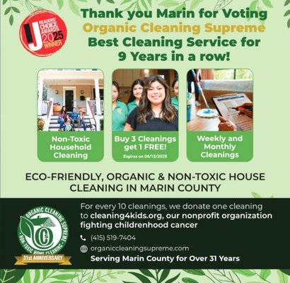 Best house cleaning service 2025 - Thank you Marin for voting, Organic Cleaning Supreme, Best cleaning service for 9 year in a row!