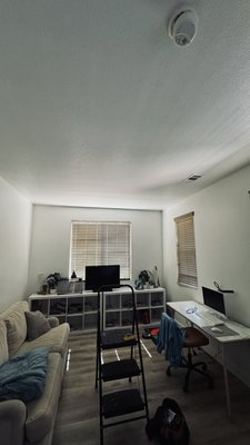 Ceiling fan in new location - We ran new power for the added ceiling fan. Ran into a blockage when running the wire so had to cut and additional hole in the drywall to fish it through. Patched the hole and textured it (will return to sand and paint on next visit). Left the project with a satisfied customer and a breezy den.