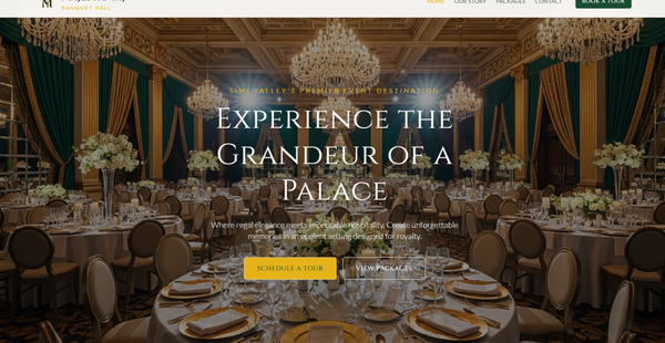Banquet Hall Website - Designed and developed a modern, mobile-friendly website for a banquet hall to strengthen its online presence and streamline customer inquiries. The project included custom website design, service and venue showcase pages, lead capture forms, SEO optimization, Google Business integration, and performance enhancements. The site was built to highlight the venue's amenities, event packages, photo galleries, and booking information while providing a seamless user experience across desktop and mobile devices. In addition to website development, we supported branding, digital marketing initiatives, and ongoing website management to help drive more event bookings and customer engagement. Banquet Hall Website - Designed and developed a modern, mobile-friendly website for a banquet hall to strengthen its online presence and streamline customer inquiries. The project included custom website design, service and venue showcase pages, lead capture forms, SEO optimization, Google Business integration, and performance enhancements. The site was built to highlight the venue's amenities, event packages, photo galleries, and booking information while providing a seamless user experience across desktop and mobile devices. In addition to website development, we supported branding, digital marketing initiatives, and ongoing website management to help drive more event bookings and customer engagement.