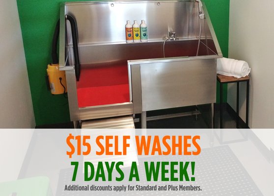 Self Wash - Bathe your canine best friend at Barx Parx! Our professional grade dog self wash stations are extra large and roomy (with steps!) - perfect for dogs of all sizes and all ages. We supply everything but the dog! When you come in for a dog wash, we'll give you a pup bathing kit including everything you need all in a tidy, convenient caddy for you to carry. Our stainless steel washing tubs are individually housed, each with their own gated entry as well as steps up to the tub for lift-free baths. Self Wash - Bathe your canine best friend at Barx Parx! Our professional grade dog self wash stations are extra large and roomy (with steps!) - perfect for dogs of all sizes and all ages. We supply everything but the dog! When you come in for a dog wash, we'll give you a pup bathing kit including everything you need all in a tidy, convenient caddy for you to carry. Our stainless steel washing tubs are individually housed, each with their own gated entry as well as steps up to the tub for lift-free baths.