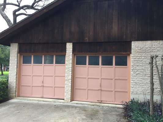 Before and after - Customer requested to install aluminum garage door, but would like to keep the integrity of the wooden look.