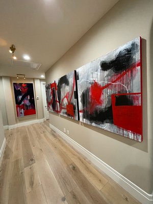 Art framing and installation 2023 - This was a project from spring 2023. The customer had 12 pieces of large custom painted pieces to be framed and hung throughout the home. We decided to leave 3 unframed in the hallway due to the size of paintings as well as the length of the hallway wall. The rest of the pieces were beautifully framed, measured and hung precisely where the customer had planned. We are very proud of the results. Keep in mind, projects such as these do take some time to get just right. Art framing and installation 2023 - This was a project from spring 2023. The customer had 12 pieces of large custom painted pieces to be framed and hung throughout the home. We decided to leave 3 unframed in the hallway due to the size of paintings as well as the length of the hallway wall. The rest of the pieces were beautifully framed, measured and hung precisely where the customer had planned. We are very proud of the results. Keep in mind, projects such as these do take some time to get just right.