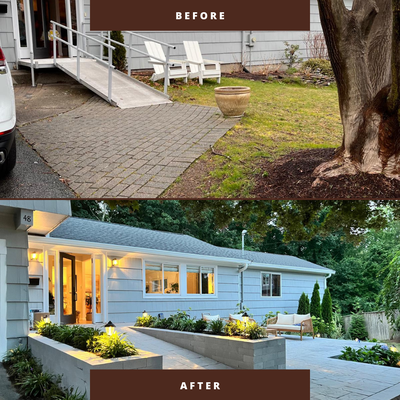Needham Project 2024 - Yardzen designed, stein masonry built it. New front of house transformation needham ma.
Materials by cambridge pavers.