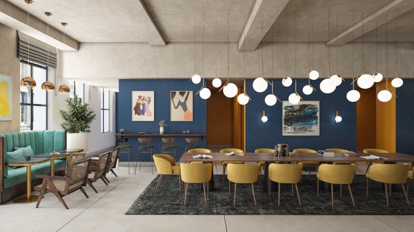 Visualization for a retro loft coworking office space - This colourful modern office visualization is for designer Nil Erbil in the fully renovated building on Mercer Street in the heart of Lower Manhattan. The interior of the office is far from being pale and boring; the combination of contrasting the bright colours of blue and yellow creates a unique and vivid interior.
There is a clear division between the rest and work zones, with the bolder colours to inspire creativity and productivity and the cooler, softer colours to promote relaxation. Even though it is open planned, it is still cozy and warm, with energizing natural lighting during the day and soothing ambient lighting at night. Visualization for a retro loft coworking office space - This colourful modern office visualization is for designer Nil Erbil in the fully renovated building on Mercer Street in the heart of Lower Manhattan. The interior of the office is far from being pale and boring; the combination of contrasting the bright colours of blue and yellow creates a unique and vivid interior.
There is a clear division between the rest and work zones, with the bolder colours to inspire creativity and productivity and the cooler, softer colours to promote relaxation. Even though it is open planned, it is still cozy and warm, with energizing natural lighting during the day and soothing ambient lighting at night.