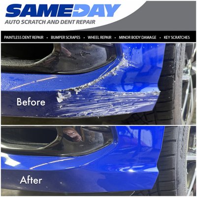 Bumper Damage - We recently restored the lower front bumper on this bright blue VW Golf R. To ensure the best possible result, we first removed the existing paint protection film so the repair could be completed properly.
The impact left deep gouges in the plastic and distorted the original body line. Our team rebuilt and reshaped the damaged area, restoring the bumper to its factory contours.
The repair was then refinished with a precise color match and sealed with a durable 2K UV clear coat. After cutting and polishing, the finish blends seamlessly with the surrounding factory paint—leaving no visible signs of the damage.
Another SameDay repair completed with factory-level results. Bumper Damage - We recently restored the lower front bumper on this bright blue VW Golf R. To ensure the best possible result, we first removed the existing paint protection film so the repair could be completed properly.
The impact left deep gouges in the plastic and distorted the original body line. Our team rebuilt and reshaped the damaged area, restoring the bumper to its factory contours.
The repair was then refinished with a precise color match and sealed with a durable 2K UV clear coat. After cutting and polishing, the finish blends seamlessly with the surrounding factory paint—leaving no visible signs of the damage.
Another SameDay repair completed with factory-level results.
