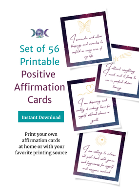 Positive Affirmation Cards - We are powerful creators of our reality, which is why practicing mindfulness when it comes to how we think, feel, and speak about ourselves is so important. Incorporating the use of positive affirmations into your life will help motivate you and bring positive life changes.

There are 56 unique positive affirmation cards across 8 categories in this deck, which include: inspiration and creativity, reaching goals and positive career changes, self-love, releasing, confidence, abundance, health, and trusting in blessings and miracles.

Please note this product is a digital download.

What’s Included:

-1 US letter size (8.5” x 11”) PDF file
-The PDF file contains 10 pages, and each page has 6 affirmation cards measuring approximately 3.25” x 3.25” inches.

How to Access Your Programs:

You will be sent an email immediately after purchase which contains your receipt and digital file- be mindful to check your Spam folder!

• After purchase, simply download the file & save it to your desktop.
• Print the PDF file on your preferred paper (I recommend printing in color on cardstock. I used 12pt matte paper in the product shots)
• Cut cards
• Your cards are then ready for use, or to give as a gift.

For more information and to purchase visit: https://www.chakratoya.com/shop/p/mnqiad9kx4ao4edjwzp2a72yeiqg03