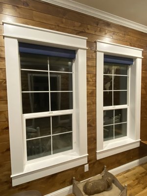 Home office privacy - This home office looks great wrapped in wood and a pop of color in the Lutron automatic Triathlon roller shades! Home office privacy - This home office looks great wrapped in wood and a pop of color in the Lutron automatic Triathlon roller shades!