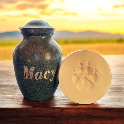 Honoring Macy-A timeless tribute - Macy was a beloved pet whose memory will forever be cherished. Macy's family chose our beautiful blue metal urn for her ashes to be returned in, symbolizing the serenity and love Macy brought into their lives. Alongside her urn, we preserved her paw print on a beautiful handcrafted ceramic clay tile, creating a timeless keepsake. A heartfelt tribute for a cherished family pet. 🌈🐾