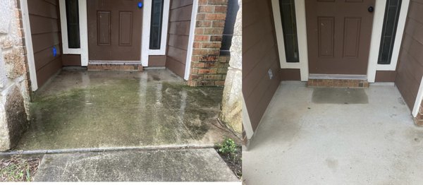 Walk way cleaning - This walkway was completely overtaken by algae, making it slippery, unsafe, and dull. At Wet Works Cleaning Services LLC, we use professional pressure washing and safe cleaning solutions to remove even the toughest buildup. The result? A clean, safe, and visually appealing walkway that restores both curb appeal and safety.