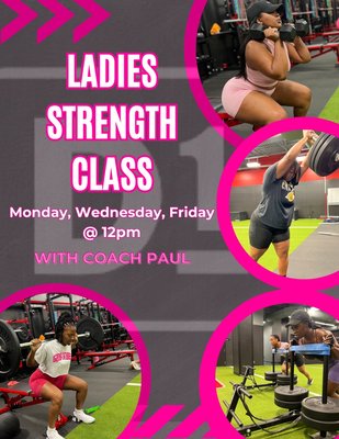 Ladies Strength Class - Our Ladies Strength Class is specifically designed for women!
We follow a specific program that will help you tone & shape your body the right way, while also building confidence with understanding proper form & technique for quality performance. Ladies Strength Class - Our Ladies Strength Class is specifically designed for women!
We follow a specific program that will help you tone & shape your body the right way, while also building confidence with understanding proper form & technique for quality performance.