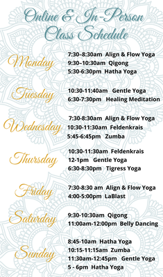 Our Schedule - We know that physical activity can boost your immune system and help with mental well-being during these trying times. Therefore we have 20+ in-person classes in our clean disinfected studio or online classes you can take from the comfort and safety of your home. Pre-register for your class on the Classes tab or download the Wellness Living App called Achieve, after registering you will receive a link to the Zoom meeting or instructions for in-person. For more info on doing virtual classes on Zoom please see the instructions below. You can take our classes virtually by phone, tablet or computer, you just need internet or cellular access! Our Schedule - We know that physical activity can boost your immune system and help with mental well-being during these trying times. Therefore we have 20+ in-person classes in our clean disinfected studio or online classes you can take from the comfort and safety of your home. Pre-register for your class on the Classes tab or download the Wellness Living App called Achieve, after registering you will receive a link to the Zoom meeting or instructions for in-person. For more info on doing virtual classes on Zoom please see the instructions below. You can take our classes virtually by phone, tablet or computer, you just need internet or cellular access!