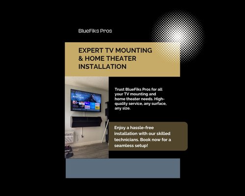 Tv Mounting - 📺 Elevate your viewing experience with professional TV mounting from BlueFiks Pros! 🛠️🏡 Our skilled team ensures your TV is securely and perfectly mounted for optimal viewing pleasure. No more tangled wires or crooked screens – just sleek, stylish, and safe installations. Transform your living space and enjoy your favorite shows like never before! 🌟✨

#TVMounting #HomeImprovement #BlueFiksPros #HandymanServices #CaliforniaLiving #ExpertCraftsmanship #HomeTheater #SleekDesign #OptimalViewing #EntertainmentUpgrade