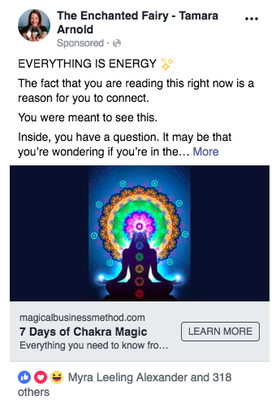 Advertising goal: Email signups - To gather as many emails as possible for a chakra video series.
 Time frame: September 2017 - June 2018  Over 4,200 new email subscribers  Average cost .78 cents each.
Client went on to create over $110,000 in revenue from this list.
