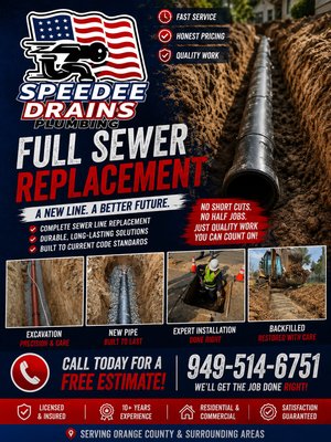 Full sewer line replacement 949-514-6751 - Full Sewer Line Replacement

 (949) 514-6751

Full sewer replacement in progress! The failed line was excavated and replaced with brand-new pipe, properly bedded for long-term strength and reliability. Our team worked closely with the city and public works departments, handling all required permits, traffic control, inspections, and compliance requirements to ensure the project was completed safely and according to current code standards.

From excavation to final restoration, Speedee Drains & Plumbing manages every aspect of the project, providing homeowners with a seamless experience and peace of mind throughout the process.

Project Highlights

Complete Sewer Line Replacement
New Pipe Installed to Current Code Standards
 Proper Pipe Bedding for Long-Term Durability
Permit & Inspection Coordination
Traffic Control & Public Works Compliance
Residential & Commercial Sewer Specialists

Benefits

• Eliminate recurring backups and stoppages
• Restore proper drainage and flow
• Increase reliability and system lifespan
• Protect your property from costly sewer failures
• Built to withstand decades of service