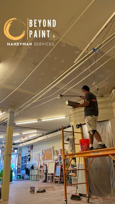 We started with demolition, followed by insulation, and finally, the flawless installation of drywall! - Ceiling Transformation with Beyond Paint: We started with demolition, followed by insulation, and finally, the flawless installation of drywall. Elevate your space with our expertise!