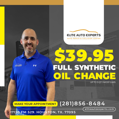 $39.95 Oil Change - Give your car the love it deserves with our exclusive Oil Change Offer.
Treat your ride to a little pampering under the hood, including a Full Synthetic Oil Change just for $39.95.
Book your appointment and be entered to win a 65" Smart TV $39.95 Oil Change - Give your car the love it deserves with our exclusive Oil Change Offer.
Treat your ride to a little pampering under the hood, including a Full Synthetic Oil Change just for $39.95.
Book your appointment and be entered to win a 65" Smart TV