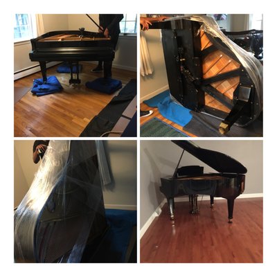 Baby grand piano - We protected the floor first with folded blankets. We then removed the top and wrapped it separately. We disassembled the pedals wrapped them, took the left leg off, and tipped it up on its side onto the piano board!! Piano board is on a sheet of Masonite with a pad folded underneath it!! Every leg got wrapped individually! Was then strapped to the board then lifted onto a dolly and rolled it out of the house!