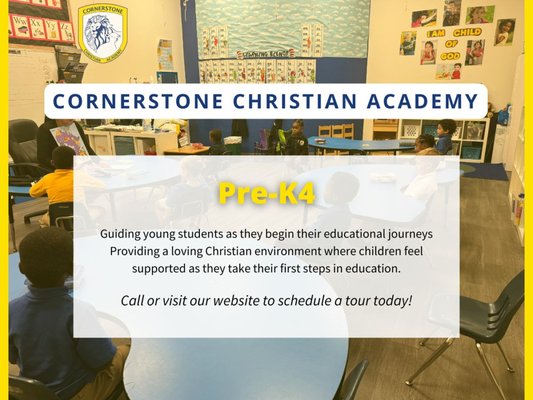 Programs at Cornerstone Christian Academy - Cornerstone provides Christian education and extended care programs for school-aged students. Our private Christian academy is for grades Pre-K4 through sixth grade. We also provide before and after school care for our students and students who attend the neighboring public elementary and middle schools.