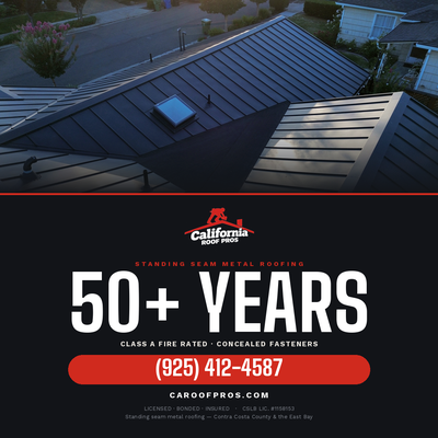 Standing Seam Metal Roof Replacement - Full standing seam metal roof replacement on a single-story home with intersecting hip and gable sections.

Metal is unforgiving. Panels are formed to length and every seam has to line up across each plane, so the layout is measured off the deck before a single panel is set. On a roof with this many intersections, the hips and valleys are where the work either reads clean or doesn't. We tore off to the deck, replaced damaged sheathing, and installed high-temp underlayment before the panels went on.

This is a concealed fastener system — no exposed screws to back out or rot the neoprene washers over time, which is the most common failure point on cheaper exposed-fastener metal. Custom flashing was fabricated for the skylight and every plumbing penetration, and the hip and ridge caps were cut and fitted on site.

Standing seam is Class A fire rated as an assembly, and with a service life of 50+ years, it's typically the last roof this home will need.