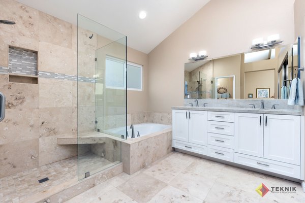 Master Bathroom Refresh! - This sweet home owner wanted to keep cohesion with her tan and travertine colors existing throughout her house, but wanted to add a transitional element of clean gray & white vanity and countertop for an updated and crisp look.
We shared our Perfect Remodel Plan (https://teknikinc.com/about/) to show how simple and seamless our bathroom remodel process is. It's as simple as 1-2-3!
We used gray accent tile for the shower ribbon to tie it together and completed the project on time. The Perfect Remodel Plan works if you work it! Thank you D. K.! Master Bathroom Refresh! - This sweet home owner wanted to keep cohesion with her tan and travertine colors existing throughout her house, but wanted to add a transitional element of clean gray & white vanity and countertop for an updated and crisp look.
We shared our Perfect Remodel Plan (https://teknikinc.com/about/) to show how simple and seamless our bathroom remodel process is. It's as simple as 1-2-3!
We used gray accent tile for the shower ribbon to tie it together and completed the project on time. The Perfect Remodel Plan works if you work it! Thank you D. K.!