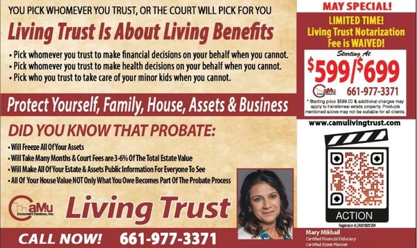 $599/$699 Living Trust Bundle - A living trust is about living benefits and choosing whomever you trust to make decisions on your behalf when you can not. $599/$699 Living Trust Bundle - A living trust is about living benefits and choosing whomever you trust to make decisions on your behalf when you can not.