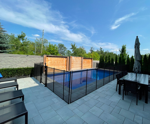 Pool Safety Fencing - In most municipalities, swimming pools that are on private property are required by law to have a fence enclosure (fence within a fence) with an auto-close gate to ensure the safety of everyone in your home and community. BABY BARRIER® Pool Fencing offers top of the line safety for your swimming pool. Including a self-latching and self-closing gate, this reinforced aluminum metal fencing will form a solid wall of protection around your pool. The mesh fencing ensures you always have vision of your pool, while the weather resistant PVC coating and Ten-Year Prorated Warranty allows you to have confidence in the integrity of the product. Even if you move to a different home, the BABY BARRIER® pool fencing can be removed and re-installed wherever you go.