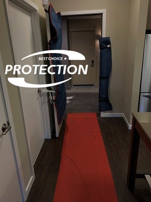 Protection - We supply moving blankets, shrink wrap/plastic wrap and tape for packing big items (TVs, mattresses, sofa, table etc)
We also provide protections to the floors and stairs with floor runners, and walls. Movers also have shoe covers when they are working inside the home. Please note movers are required to wear shoes during moving and lifting for safety reasons.