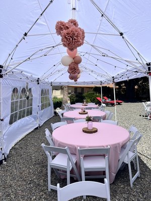 Baby Shower Vibes: Pink, Pretty and Party-Ready - Step right into this backyard-turned-boutique-baby-shower! This baby shower had all the vibes, a backyard turned into a mini event venue with just the right touch of pink, charm, and sparkle. The tent wasn't just for shade, it was the centerpiece of the party, lined with string lights and decked out with giant pom-poms and balloons that floated overhead like cotton candy clouds. Instant Pintrest board. 

Round tables, covered in pink linens, circled up under the tent and out in the open. White folding resin chairs gave everyone a front row seat to celebrate the guest of honor. Each table had rustic wood slices topped with mason jars, little pops of florals, and that farmhouse chic feel that makes you want to take a picture before you even sit down.

By day, the setup was crisp and bright under the blue skies. By night, the string lights flipped the mood to cozy and magical, turning the baby shower into an evening celebration where no one wanted to leave.

Simple. Stylish. Family-friendly.