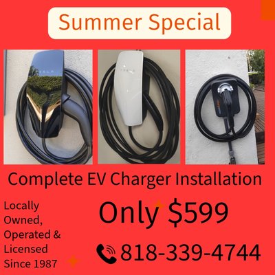 EV Charger Installation Special - We provide EV charger installation services. Includes dedicated 60 amp circuit breaker, wiring and installation of customer provided EV charger up to 3 ft from electrical panel for $599 EV Charger Installation Special - We provide EV charger installation services. Includes dedicated 60 amp circuit breaker, wiring and installation of customer provided EV charger up to 3 ft from electrical panel for $599