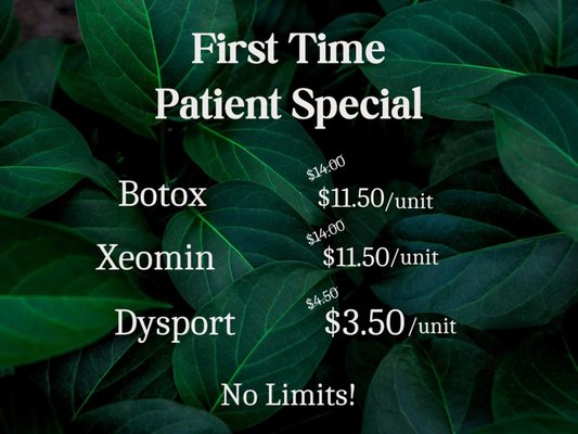 New Patient Botox & Dysport Special - New patients of Glow Aesthetic Center save on their first Botox or Dysport injection treatment at Glow Aesthetic Center.
$10/unit for Botox
$3.50/unit for Dysport New Patient Botox & Dysport Special - New patients of Glow Aesthetic Center save on their first Botox or Dysport injection treatment at Glow Aesthetic Center.
$10/unit for Botox
$3.50/unit for Dysport