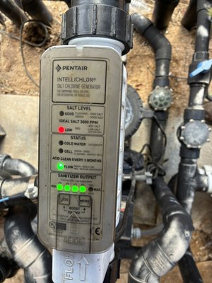 Salt Cell Cleaning - Red light indicates low salt reading. Salt chlorinator needs washed and salt added to pool skimmer. Salt Cell Cleaning - Red light indicates low salt reading. Salt chlorinator needs washed and salt added to pool skimmer.