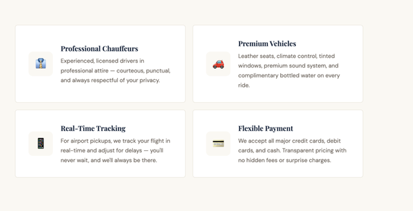 First-Class Standard, Every Single Ride - Premium amenities and professional service on every vehicle, every time. First-Class Standard, Every Single Ride - Premium amenities and professional service on every vehicle, every time.