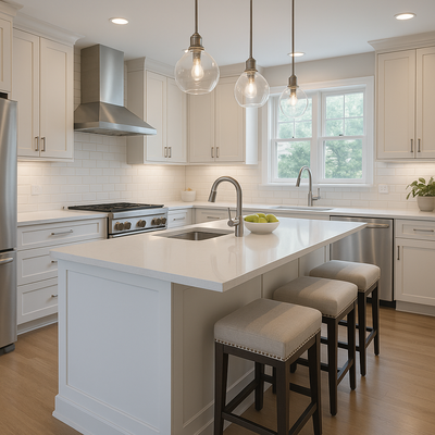 Bright & Timeless Kitchen Transformation - This kitchen was completely reimagined to create a warm, open, and functional space for everyday living. We replaced outdated cabinets and finishes with custom white shaker cabinetry, quartz countertops, and stainless steel appliances to give the room a clean, modern look that complements the rest of the home. New lighting and wood-tone flooring add warmth and balance, creating a kitchen that feels bright, inviting, and built to last. Bright & Timeless Kitchen Transformation - This kitchen was completely reimagined to create a warm, open, and functional space for everyday living. We replaced outdated cabinets and finishes with custom white shaker cabinetry, quartz countertops, and stainless steel appliances to give the room a clean, modern look that complements the rest of the home. New lighting and wood-tone flooring add warmth and balance, creating a kitchen that feels bright, inviting, and built to last.