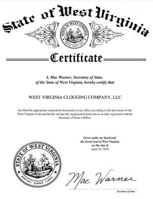 West Virginia Clogging Company LLC, WV Clogging Company LLC, and WV Clog Co., LLC registered WV State Business Registration Certificates. - As physical business is required to display their WV State Business Certificate, I have posted mine here for the same purpose. West Virginia Clogging Company LLC, WV Clogging Company LLC, and WV Clog Co., LLC registered WV State Business Registration Certificates. - As physical business is required to display their WV State Business Certificate, I have posted mine here for the same purpose.