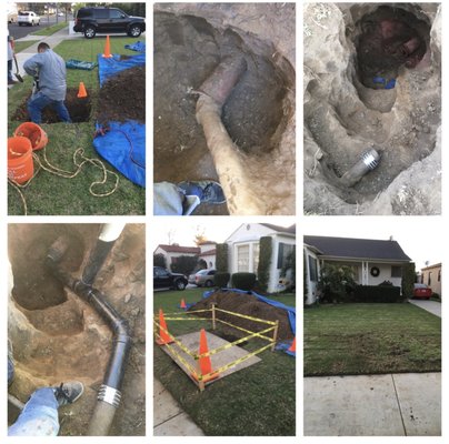 Sewer lateral repair - Excavated approximately 6 feet deep to access and repair root intrusion at the 4” x 6” lateral sewer connection. Removed the affected section and installed new ABS piping and a cleanout connection using California code-compliant materials and installation methods. Repair was completed to restore proper flow and integrity of the sewer lateral system.