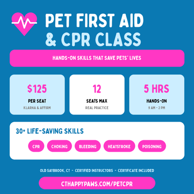Pet First Aid & CPR Education - Would you know what to do if your pet stopped breathing? Studies show 25% more pets could survive an emergency if just one first aid step is taken before reaching the vet - and we're on a mission to make sure Shoreline pet parents know that step.

Shoreline Happy Paws hosts hands-on Pet First Aid & CPR classes at our Old Saybrook classroom, taught by owner Adriana Valle, a Certified Pet First Aid & CPR Instructor teaching the Pet Safety Crusader curriculum - created by Denise Fleck, the education partner of Pet Sitters International, who has trained over 33,000 people in animal life-saving skills. Our instructor team runs three deep: Chris Stubbs and Alex Perry are also Certified Pet CPR Instructors.

This is not a webinar. It's 5 fully hands-on hours (9 AM - 2 PM) practicing on specialized manikins, covering 30+ life-saving skills for dogs AND cats:

- Pet CPR, CPCR, and rescue breathing
- Choking response, including the XXT technique
- Bleeding control, bandaging, and wound care
- Heatstroke, poisoning, seizures, shock, and bloat
- Safe handling and transport of an injured pet
- Building your pet first aid kit and pet-proofing your home

Class details:
- $125 per seat - pay over time with Klarna or Affirm
- Limited to 12 people so everyone gets real hands-on practice
- You'll receive an 80-page Pet First Aid & CPR reference book and Certificate of Completion
- Classes held regularly throughout the year at 33 Main Street, Suite 8, Old Saybrook

Every Shoreline Happy Paws team member is Pet First Aid certified - it's a job requirement, not an option. Now we're bringing those same skills to pet parents, groomers, sitters, daycare staff, and rescue volunteers across the CT Shoreline.
Perfect for pet parents, new puppy and kitten families, pet industry professionals, and anyone who loves an animal. No medical background needed.

See upcoming dates and reserve your seat: https://cthappypaws.com/petcpr/
Gift cards available - give the gift of pet safety!