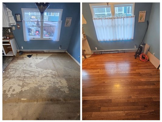 New Hardwood Installation in dining room and hallway. - We added new pre finished hardwood floors to this home. New Hardwood Installation in dining room and hallway. - We added new pre finished hardwood floors to this home.